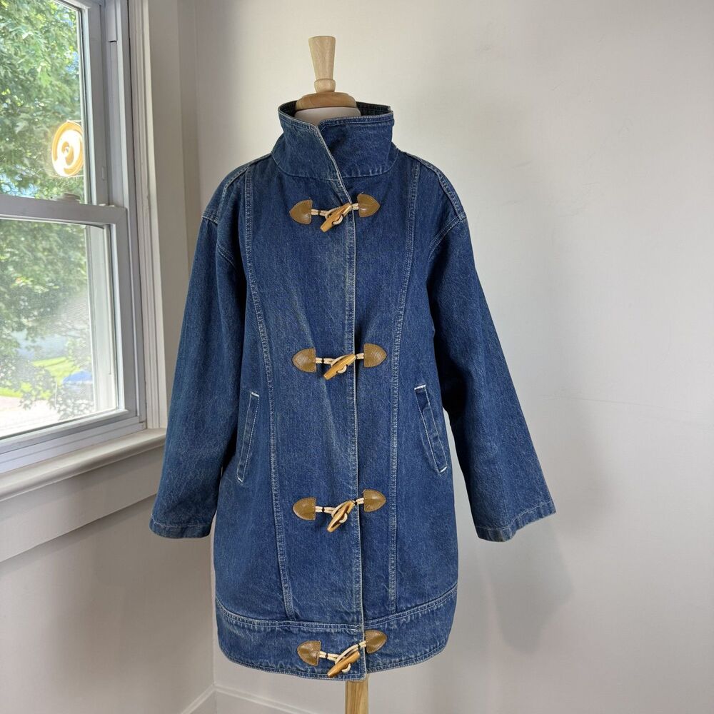 Vintage Denim Duffle Coat | USA Made, Wood Toggle 100% Cotton Jean Jacket - Picture 2 of 12